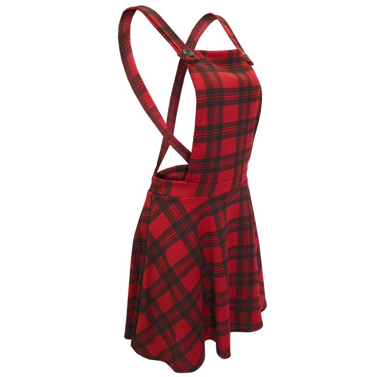 a red and black plaid pinafore dress with overallstyle straps and buttons is shown against a white background. the dress has a fitted bodice and a flared skirt. the straps cross in the back and attach to the front of the dress with buttons.