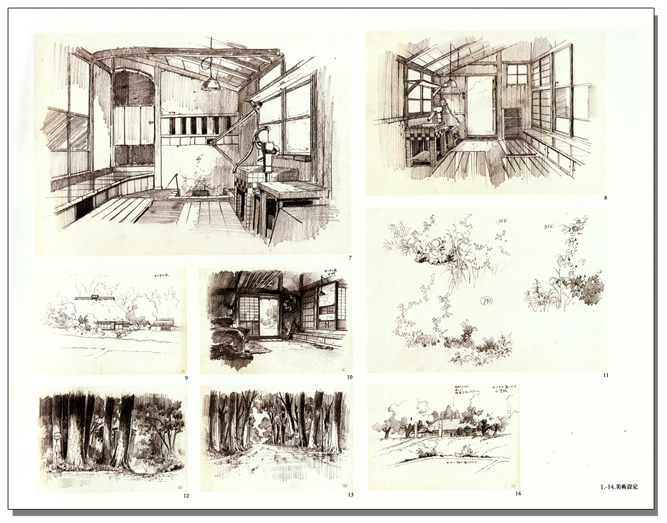 the image is a collection of 11 black and white sketches depicting various scenes. the majority of them are architectural drawings, showcasing both interior and exterior views of rural houses and their surroundings.  there are detailed sketches of rooms with furniture and fixtures, as well as landscapes featuring trees, pathways, and houses. one sketch shows a bird'seye view of a garden layout. the sketches are done with varying line weights and shading, effectively conveying depth and texture.