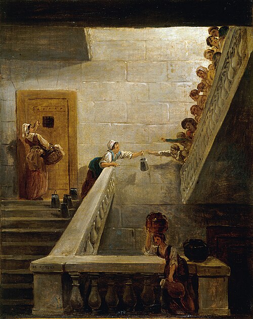 a painting depicts a bustling scene within a stonewalled interior featuring women and girls on and around a grand staircase. several milkmaids, recognizable by their work attire and the pails they handle, are actively engaged in transferring milk or some other liquid. one woman stands on a lower step, while another, perched atop the staircase's railing, hands a pail to someone out of view, perhaps up the next flight of stairs. a doorway is visible to the left, with a woman near it carrying a basket. the stairs are lined with a crowd of onlookers, presumably also women and children, their faces peering over the railing, observing the proceedings below. there is a woman at the base of the stairs with a pot on her head and another pot next to her.