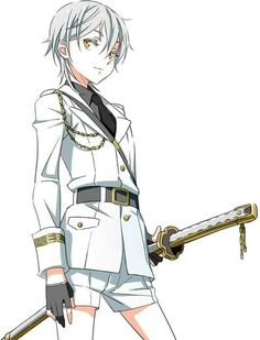 an anime boy with silver hair and gold eyes, wearing a white military uniform with gold accents. he is holding a katana, with the blade pointed to the left, and is looking slightly to the right of the viewer.