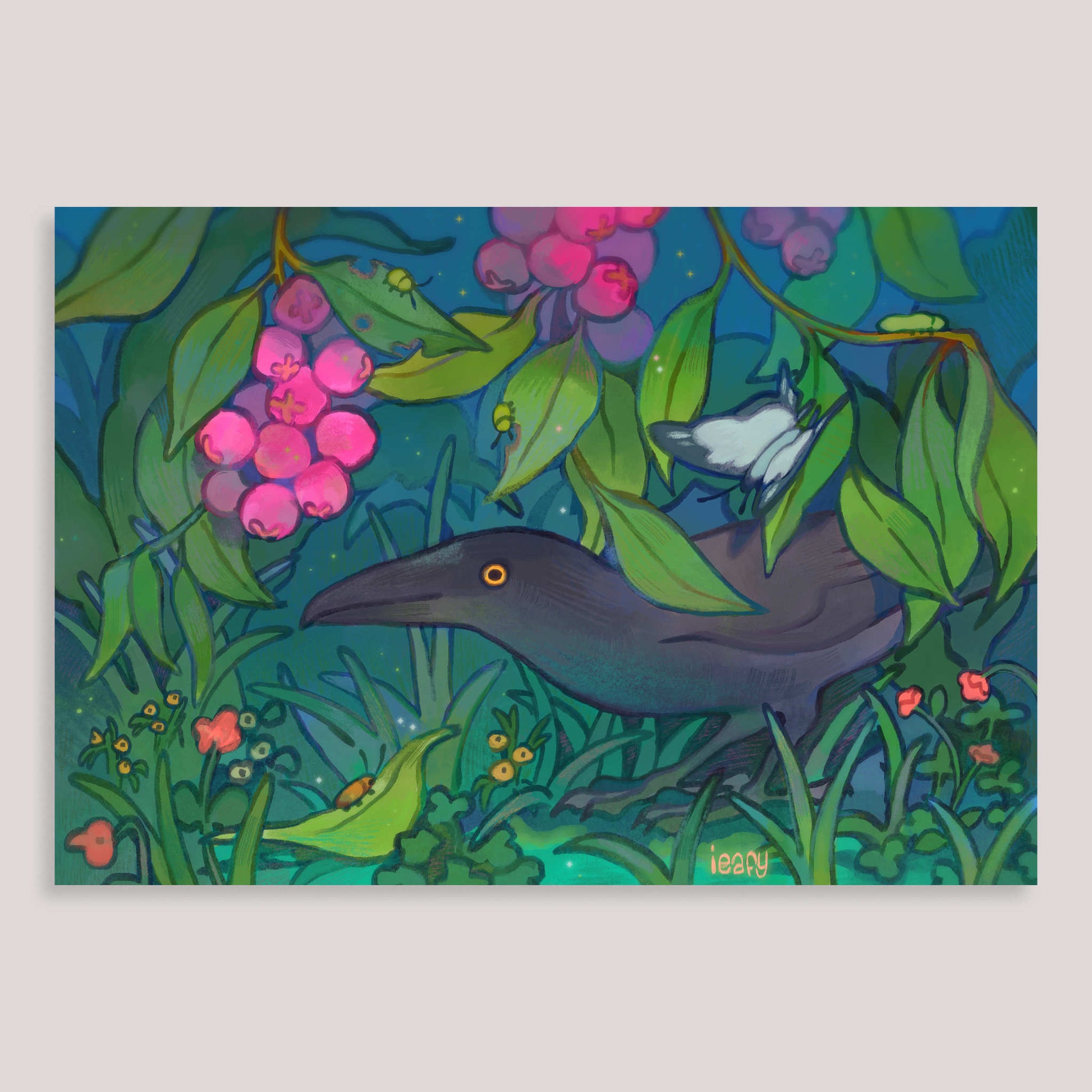 the illustration depicts a darkcolored crow or raven at night amidst lush, vibrant foliage.  pink berries hang heavily from the plants.  smaller insects and a butterfly or moth are subtly included in the scene. the overall mood is dark yet colorful, with a whimsical and slightly mystical quality. the style is reminiscent of digital painting or illustration, with a focus on rich textures and colors. the artwork portrays a peaceful scene of wildlife in a nighttime forest.