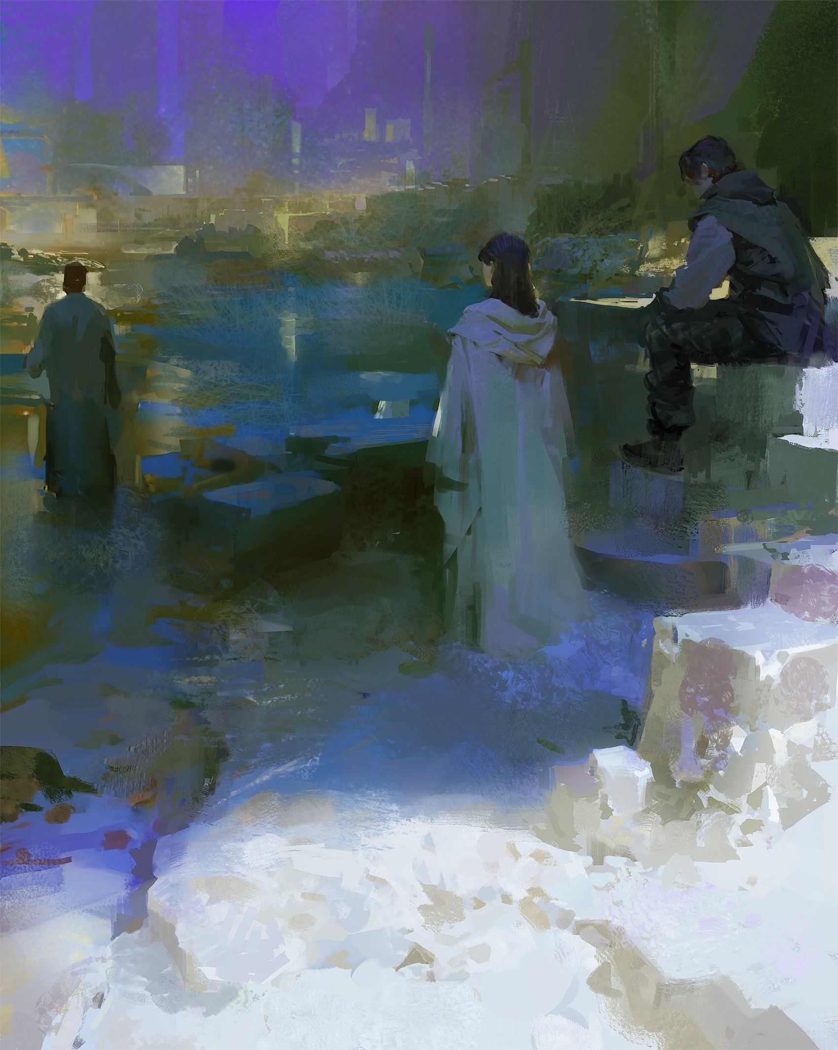 this digital painting depicts a scene in a futuristic city. the landscape is dominated by a river of deep blue water, flowing through a city of stone and concrete. on one side of the river, two figures stand silhouetted against the light. one figure is dressed in a white hooded robe, and the other is in a dark cloak. behind them, the city rises up in a series of towers and bridges. the scene is lit by a soft, atmospheric light, suggesting dusk or night.  the overall mood of the painting is atmospheric, mysterious, and slightly surreal. the use of brushstrokes and texture adds to the sense of depth and detail.