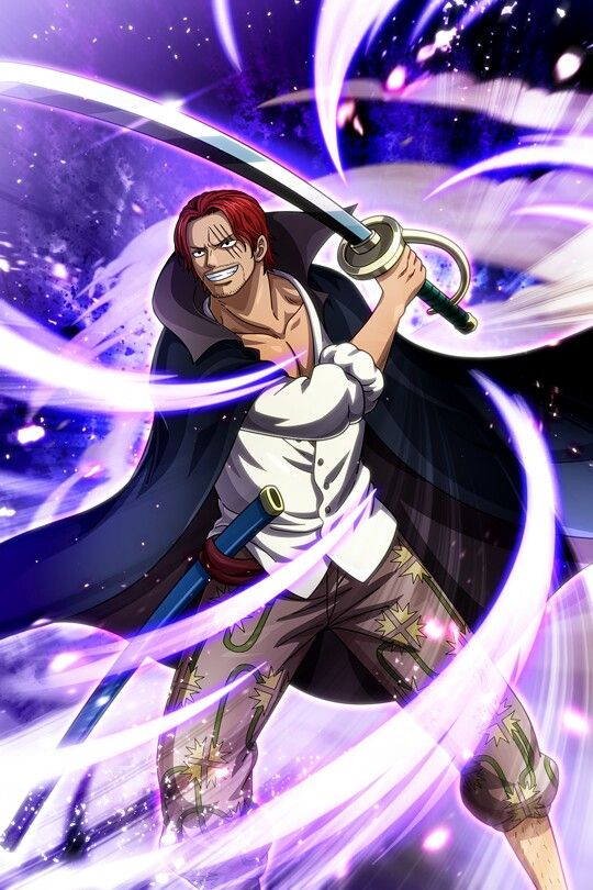 this is a digitally drawn illustration of shanks from the anime "one piece." shanks is known for his red hair and powerful swordsmanship. he is shown wielding a sword while surrounded by a flurry of purple energy. he is wearing his typical attire consisting of a white shirt, brown pants, and a dark blue coat.