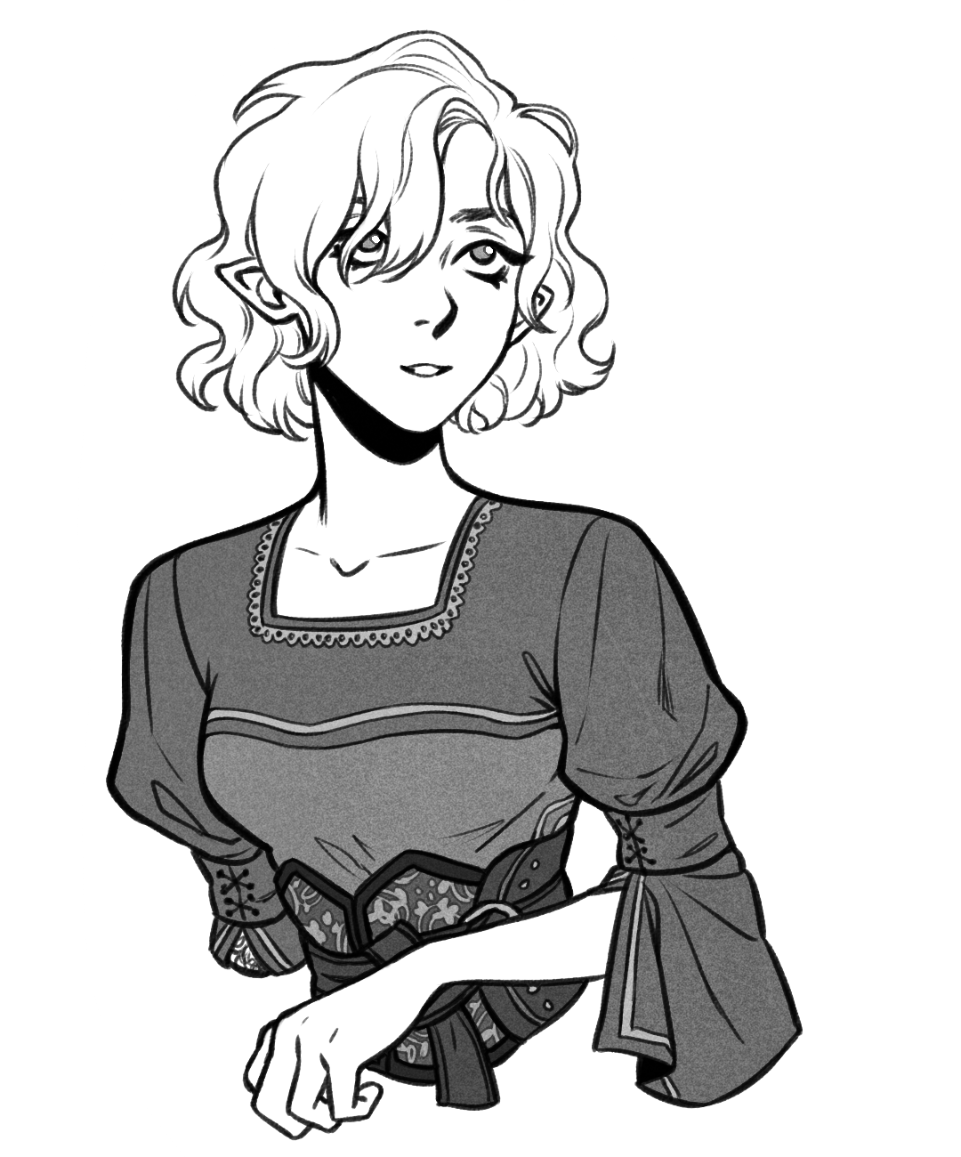 a black and white line art drawing of a female elf. she has short, wavy hair and is wearing a peasant style top with a laced bodice. her arms are crossed in front of her and she is looking directly at the viewer.