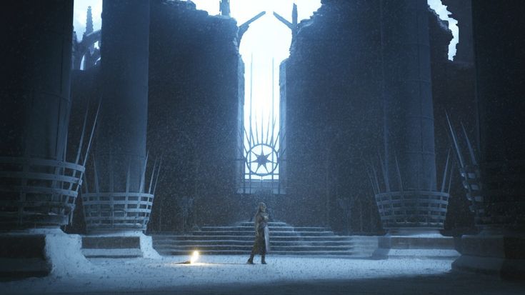 the image shows daenerys targaryen standing alone in the snowcovered ruins of what appears to be the iron throne room in winterfell. the iconic iron throne is visible, but heavily damaged and surrounded by snow. the overall atmosphere is bleak, desolate, and emphasizes the destruction and the end of an era. the scene is reminiscent of the final season of game of thrones.
