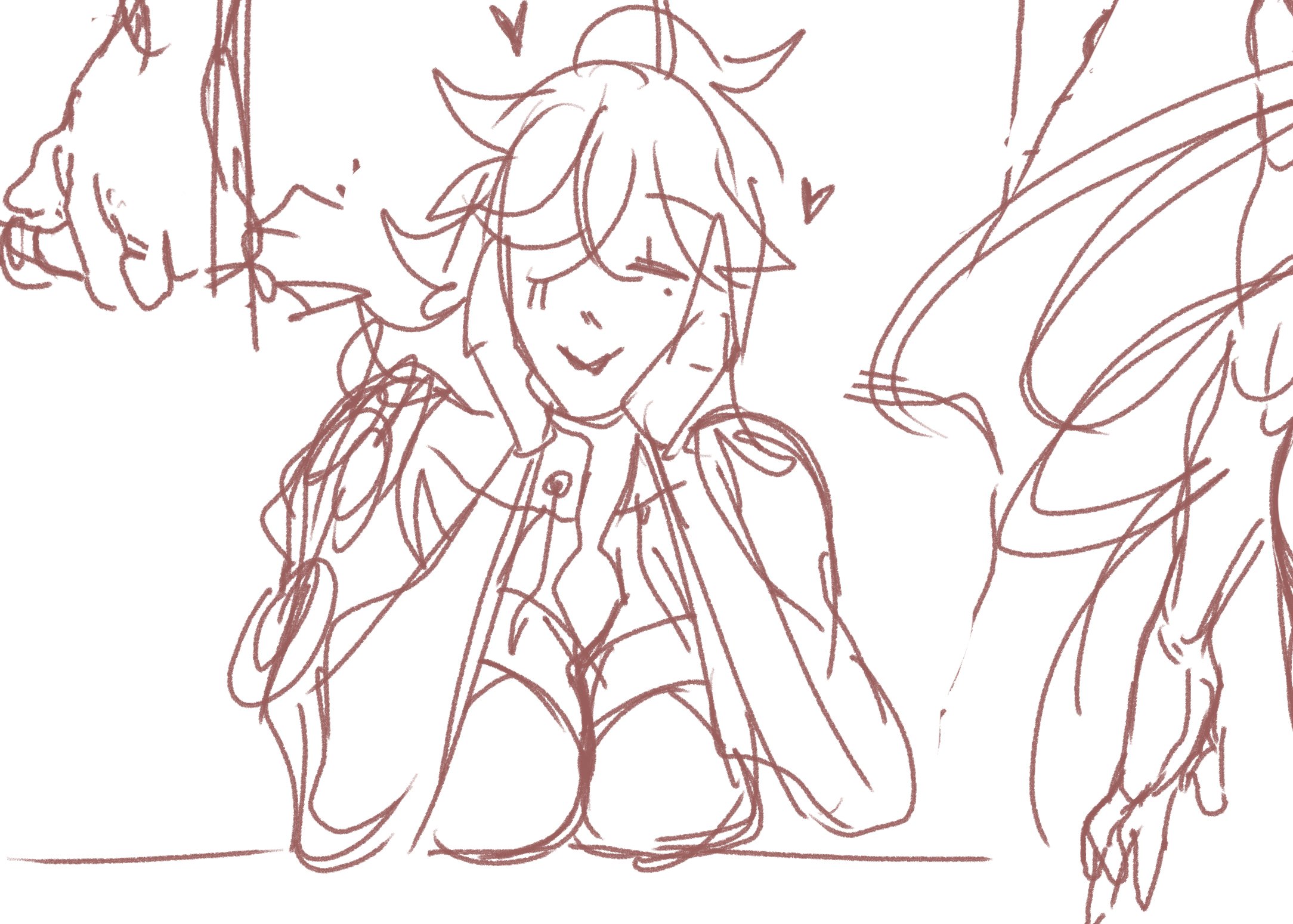 a hand drawn sketch of an anime girl with long hair, smiling, with hearts around her, and another hand on the left side of the image. the girl is wearing a jacket and is posed with her hands under her chin. the sketch is drawn in a simple and loose style with minimal detail.