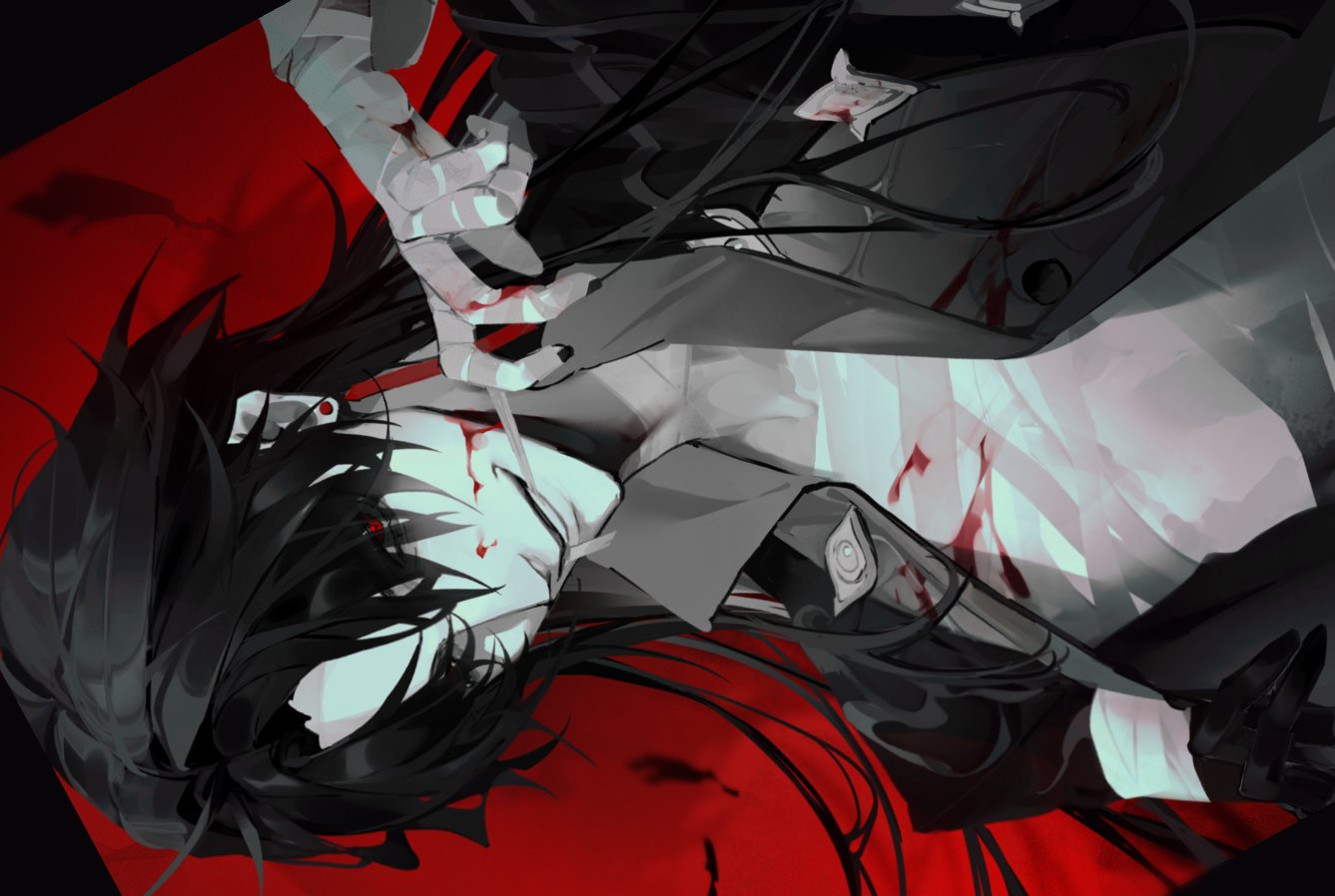 the image is a digital illustration of an anime girl with long black hair and red eyes. she is lying on her side, covered in blood, and appears to be injured or dead. the background is a dark red, suggesting a bloody or violent scene. the girl's expression is sad and tragic, and the overall tone of the image is dark and gothic. the image is likely inspired by dark fantasy or horror themes.