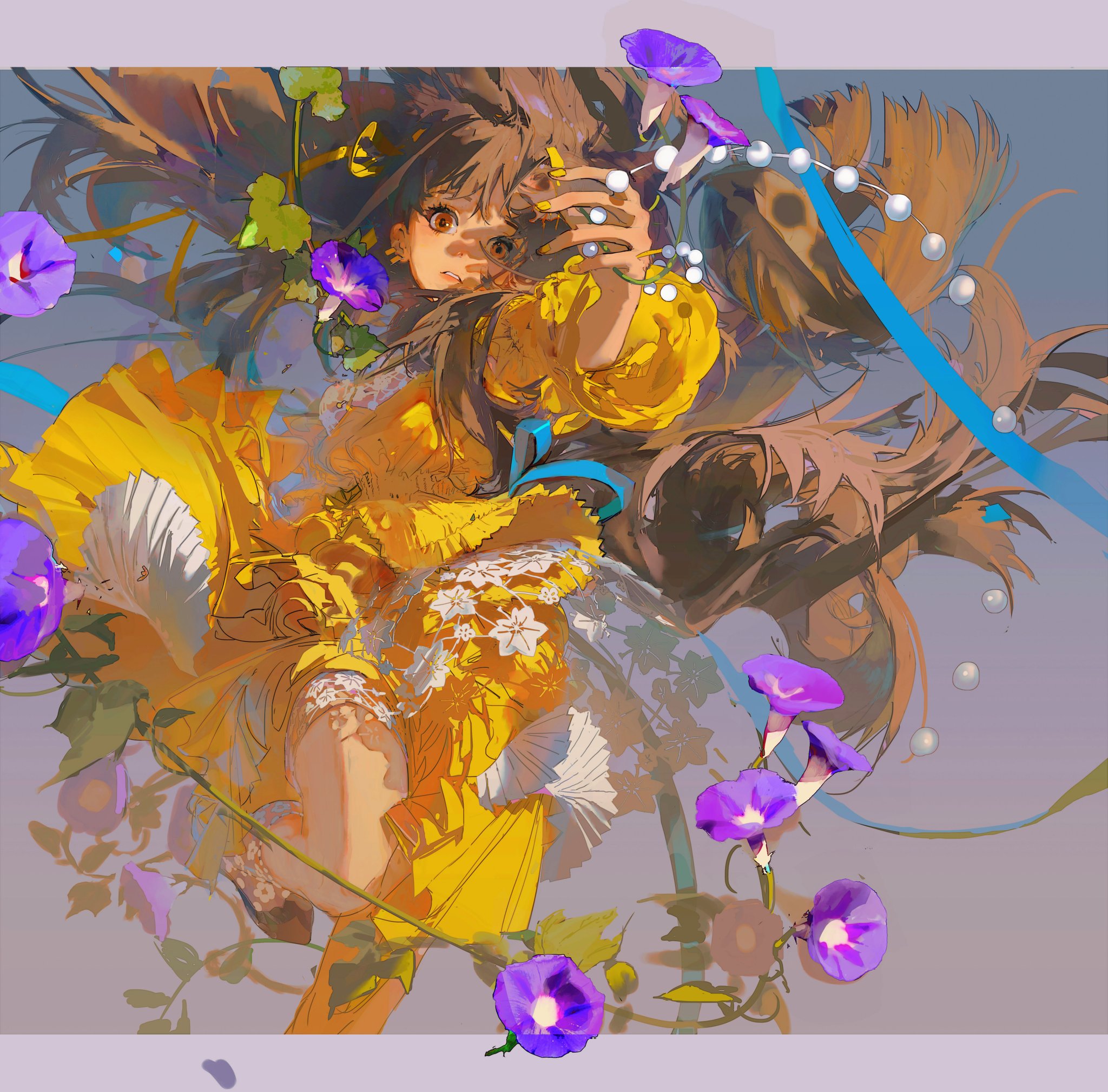 the illustration depicts an anime girl with long brown hair, wearing a yellow dress and flowing with wind. she is surrounded by vibrant flowers in purple and blue hues, which adds a magical touch to the artwork. the girl appears carefree and happy, seemingly lost in her world. the overall theme of the illustration is ethereal and whimsical, evoking a sense of wonder and delight.