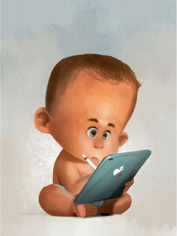 a cartoonstyle illustration of a baby sitting and using a tablet with a stylus. the tablet has an apple logo on it. the baby is drawn with exaggerated features, such as a large head and small body. the background is a soft, painted texture.
