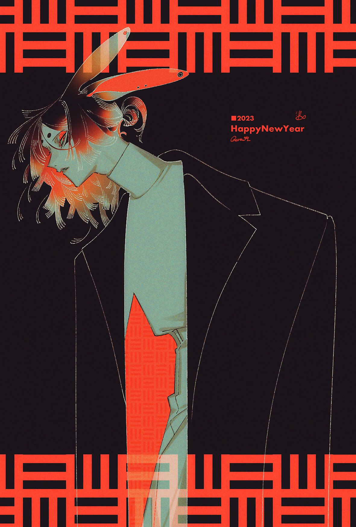 the image is a stylized illustration of an animestyle character with rabbit ears, dressed in a black suit. the character's hair is a blend of orange and red hues. the background features a geometric pattern in shades of red and black. the text "2023 happy new year" is visible in the upper right corner. the overall aesthetic is moody, elegant, and slightly mysterious. the artist's signature is also present. the image showcases both the artist's technical skills and creative vision. the illustration may be suitable for a calendar, greeting card, or social media post.