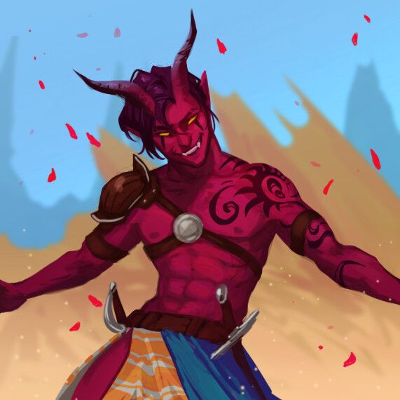 a smiling demon with red skin, horns, and red eyes is standing in a desert. he is wearing a leather armor with a tribal tattoo on his chest. there are red petals floating in the air.