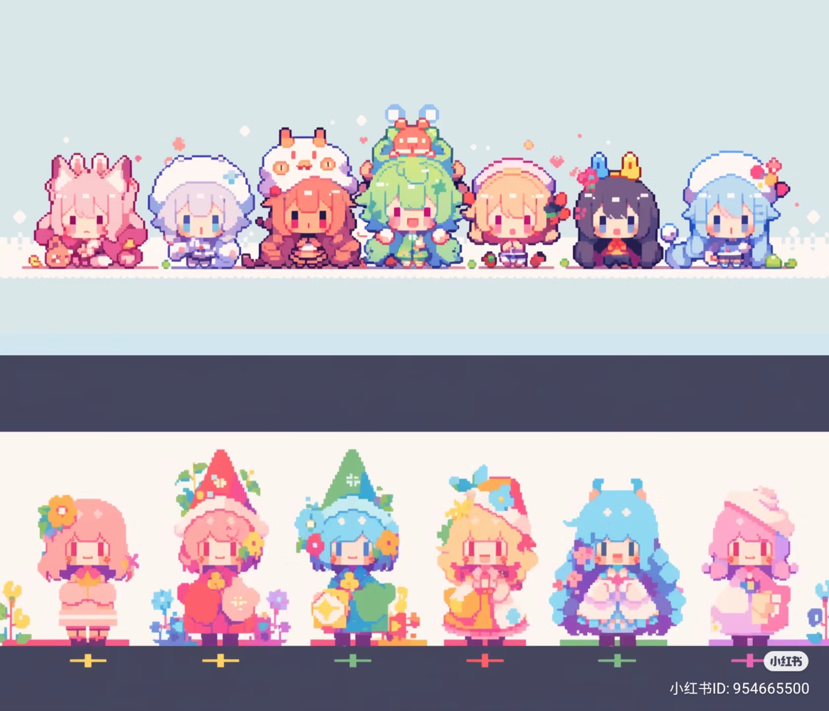 the image showcases two rows of adorable, pixelated chibi characters. they are dressed in vibrant and fantastical costumes, many featuring hats and accessories. the top row features eight characters, while the bottom row features seven.  the background is simple, allowing the colorful characters to stand out. the overall aesthetic is cute and whimsical.