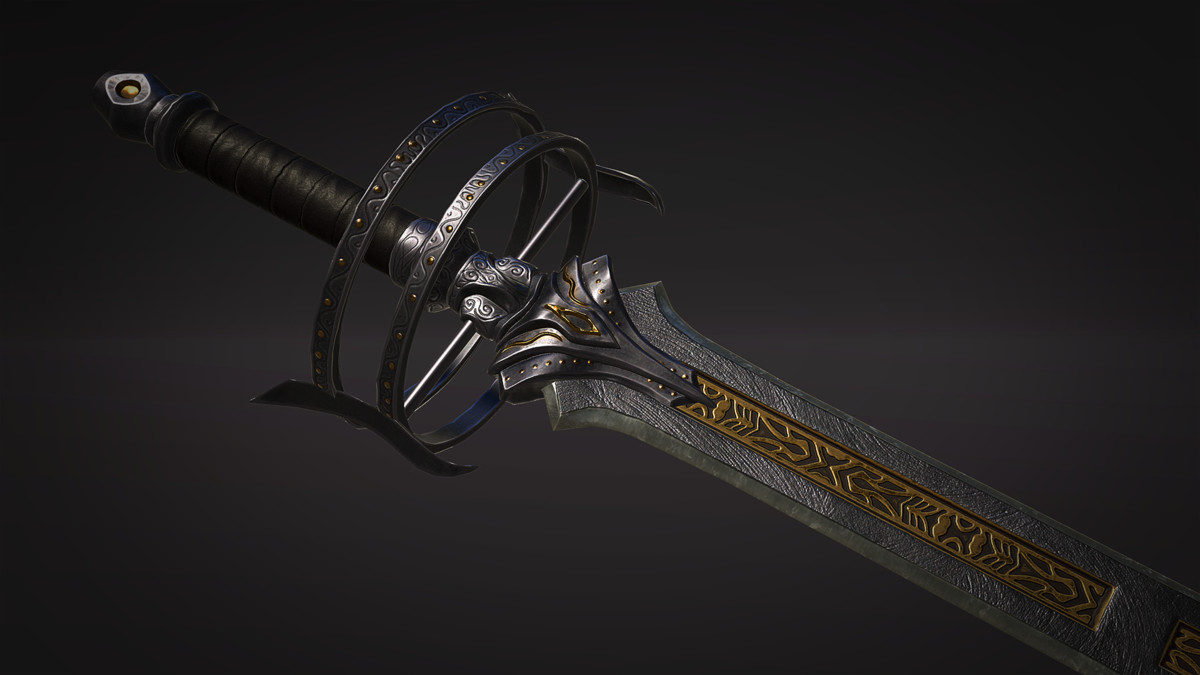 a 3d render of a fantasy sword with a circular crossguard against a dark grey background. the sword features gold accents and a leatherwrapped grip.