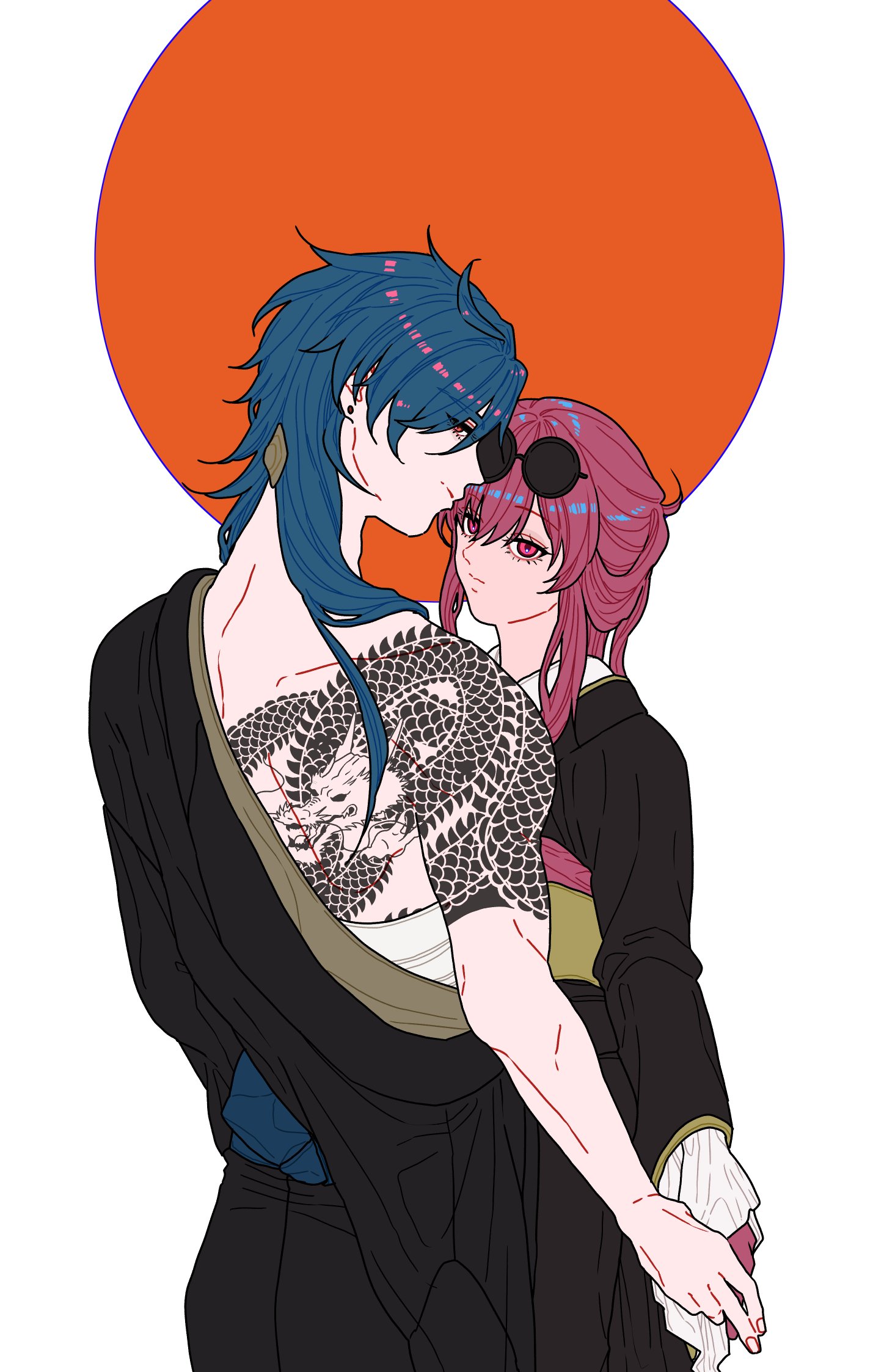 this is a drawing of an anime couple. the man is holding the woman in his arms, and they are both looking at each other with love. the man has blue hair and a dragon tattoo on his arm, and the woman has pink hair and is wearing sunglasses. they are both wearing traditional japanese clothing, and there is a large red circle behind them.