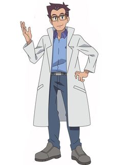 the image features a cartoon drawing of a man dressed in a white lab coat over a blue buttondown shirt, blue jeans, and gray boots. he is wearing glasses and has short brown hair. the character is stylized in a typical anime aesthetic, with exaggerated features and expressions. he stands in front of a plain white background, the lack of any other details suggests a focus on the character design itself.