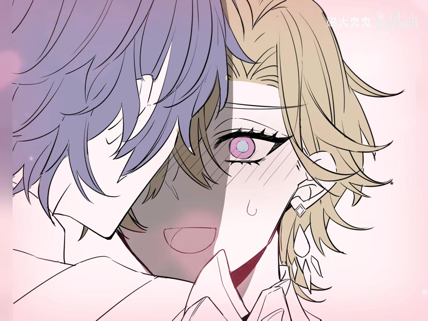 he image is a closeup drawing of two animestyle boys embracing. one has purple hair and the other has blonde hair. their faces are partially obscured by each other, creating a sense of intimacy. the style is soft and pastel, with line art and shading used to create a romantic atmosphere. the boys are blushing, indicating affection.  the overall mood is sweet and romantic.  there's some text in a foreign language in a corner, possibly a watermark or artist's signature.