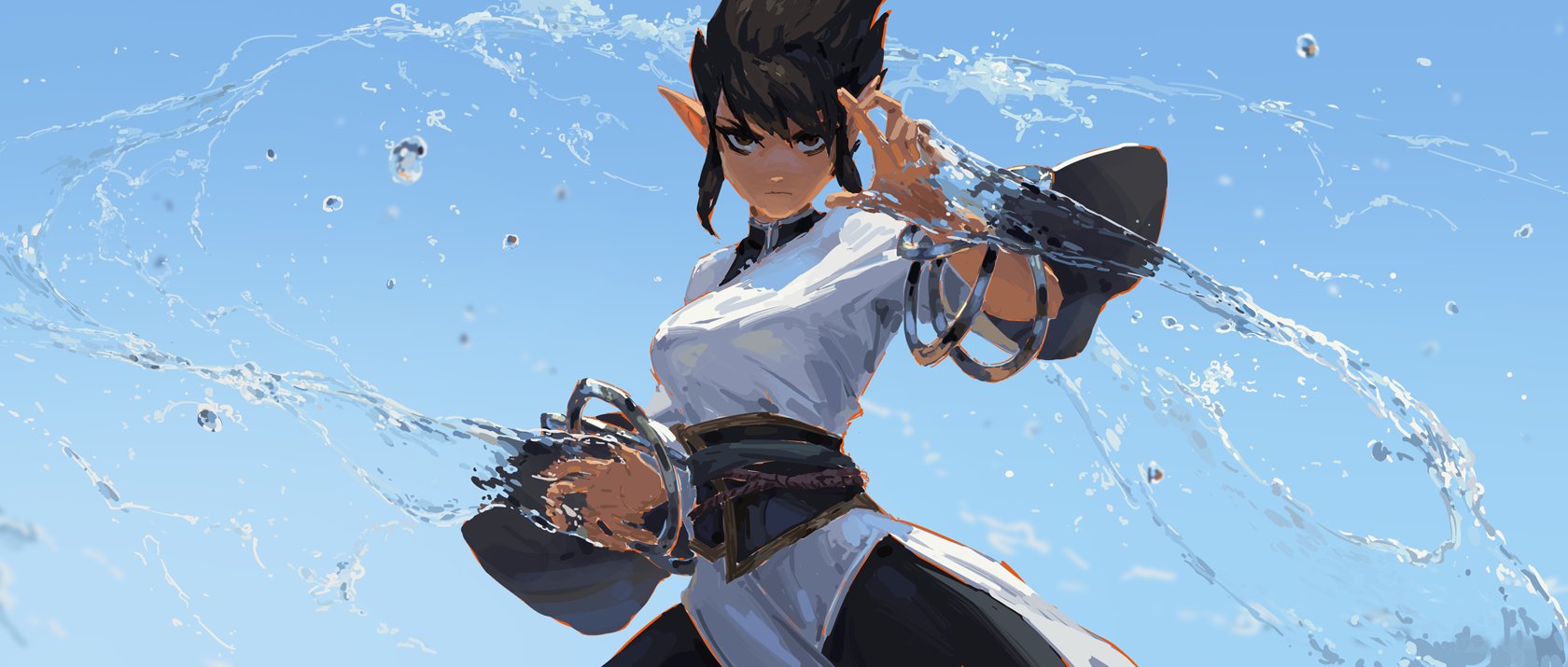 the image is a digital painting of a female animestyle elf character. she has short, dark brown hair, pointed ears, and tan skin. she's wearing a white and darkcolored outfit that looks like a martial arts uniform. she's in a dynamic pose, with her arms outstretched and water splashing around her, suggesting she's using waterbased abilities. the background is a bright blue sky with water droplets and splashes, adding to the overall feeling of motion and energy. her expression is serious and determined. the overall style of the artwork is dynamic and vibrant, with a focus on the character's action and power.