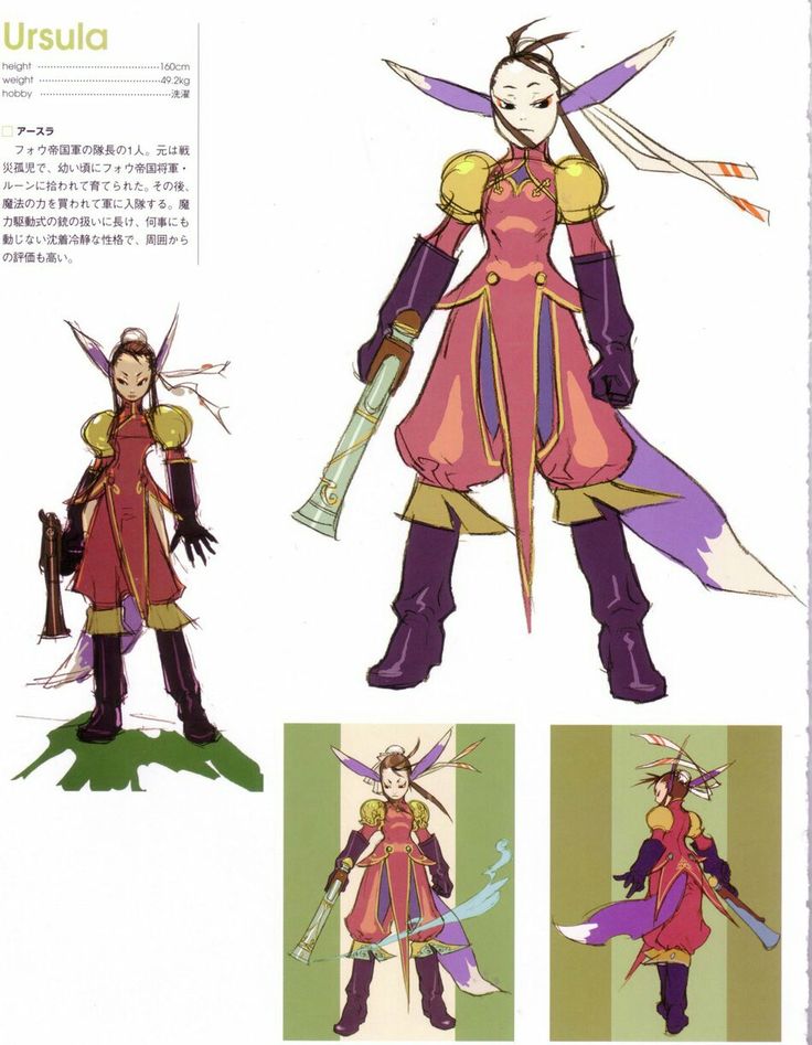 the image presents concept art for a female character named ursula from a video game. it shows her in several poses and includes her stats (height and weight) and a short description of her background. the main illustration depicts ursula in a dynamic pose, holding a long, stylized gun. she wears a distinctive outfit in shades of red and purple with an elaborate design, including a flowing capelike element and distinctive headgear. the artwork appears to be a character sheet, showing different viewpoints and poses to give a comprehensive visual representation of the character. smaller illustrations depict her in different stances or views, possibly representing poses within a game. the text is in japanese, possibly providing details about her personality and abilities. the overall style is reminiscent of anime and manga.