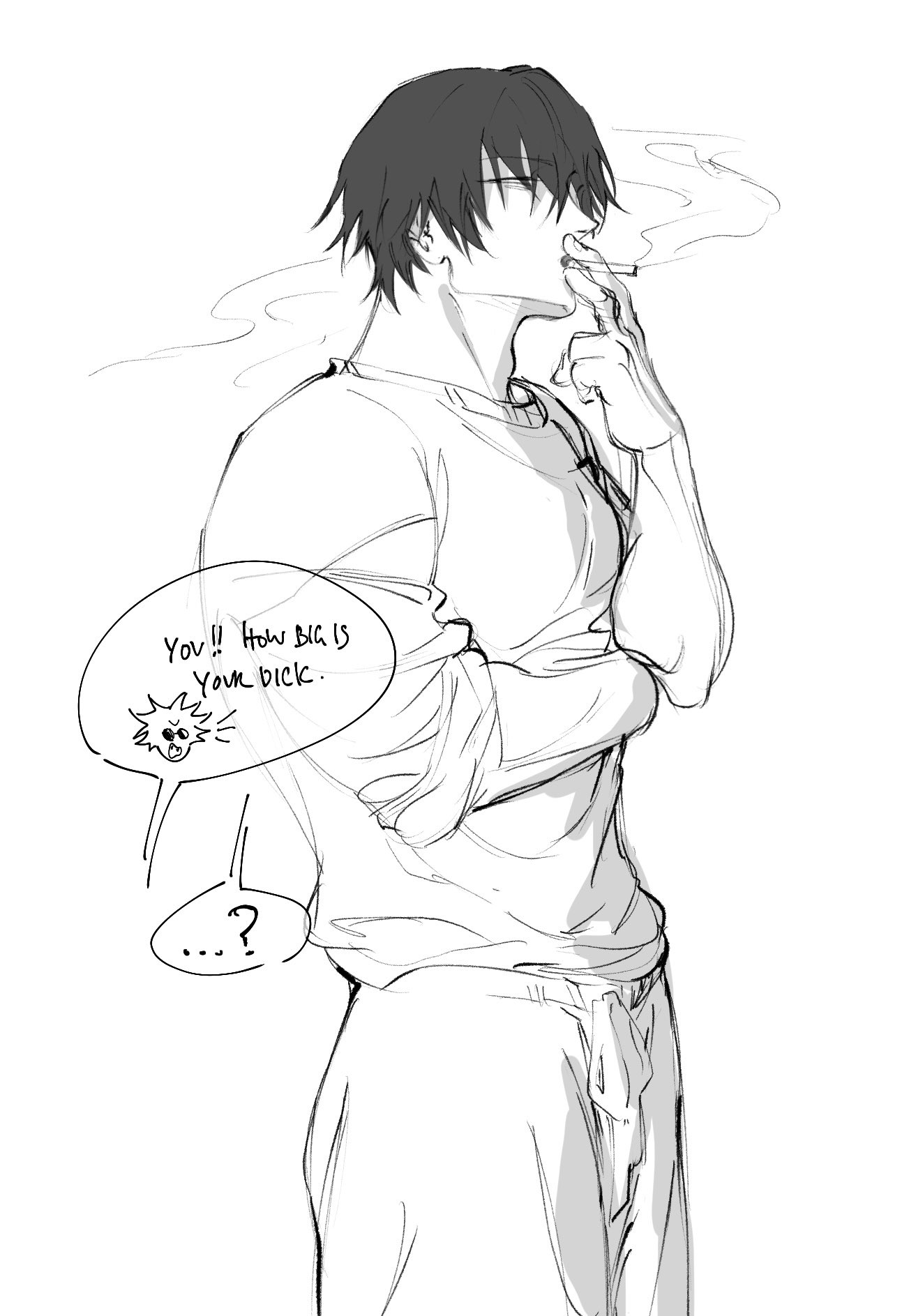 a black and white sketch of an animestyle man smoking a cigarette. he's wearing loosefitting clothing and has a relaxed pose. a thought bubble shows a suggestive comment about his penis, indicating a flirty or suggestive scene. the style is loose and sketchy, emphasizing movement and emotion rather than precise detail.