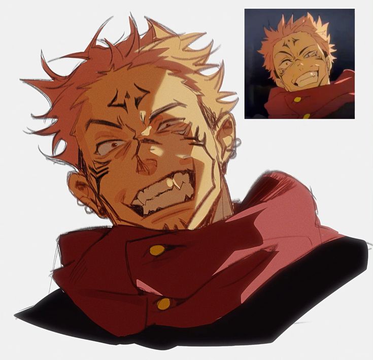 this is a digital painting of an anime character. the character is a young man with pink hair and a fierce expression. he has scars on his face and is wearing a red scarf. the art style is loose and expressive. the painting is set against a white background.