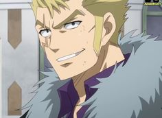 the image shows a closeup of a male anime character. he has blond hair and is wearing a white fur coat. his hair is covering his right eye. he is smiling and has a sinister look on his face.