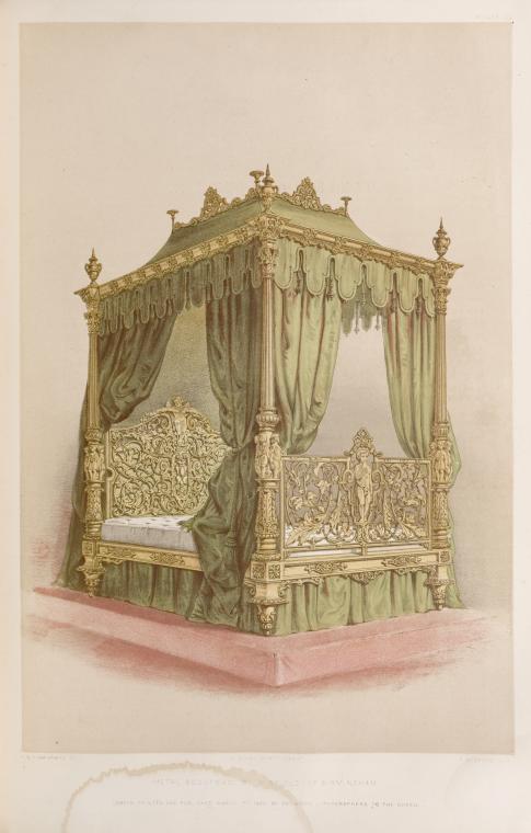 the image shows an ornate, antique fourposter bed with a green canopy and gold frame. the bed is decorated with intricate carvings on the headboard and footboard. green curtains hang from the canopy frame. the bed sits on a pink surface.
