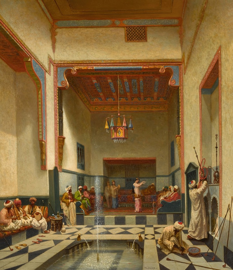 the painting depicts an opulent oriental scene, possibly within a harem or a similar private space. a fountain is in the foreground, and men are lounging and playing musical instruments while a woman dances on a raised platform. other women and men watch the performance. people are dressed in traditional ottomanstyle clothing. the room features elaborate architectural details, including arched doorways, decorated walls, a tiled floor, and a chandelier. a man by the wall appears to be preparing hookahs.