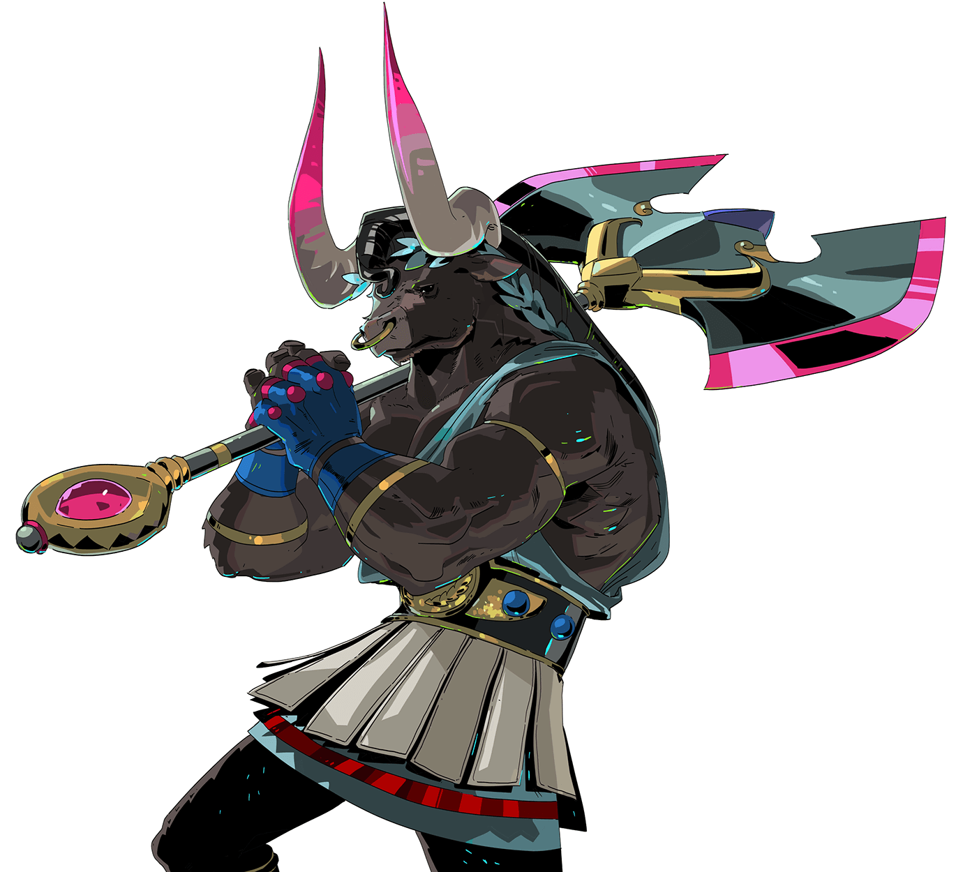 this digital illustration depicts a minotaur warrior. he has a bull head with large horns, a muscular physique, and is clad in a loincloth and belt with what looks like a gold buckle.  he is wielding a large doubleheaded axe, with the edge of the blades adorned with pink and gold designs. the axe is positioned behind him, with the handle grasped in his right hand. his left hand rests on the shaft of a mace with a large jewel on the head. the minotaur is depicted with an aggressive stance and a determined expression. the illustration is done in a vibrant and detailed style, with a focus on the character's muscularity and weaponry.
