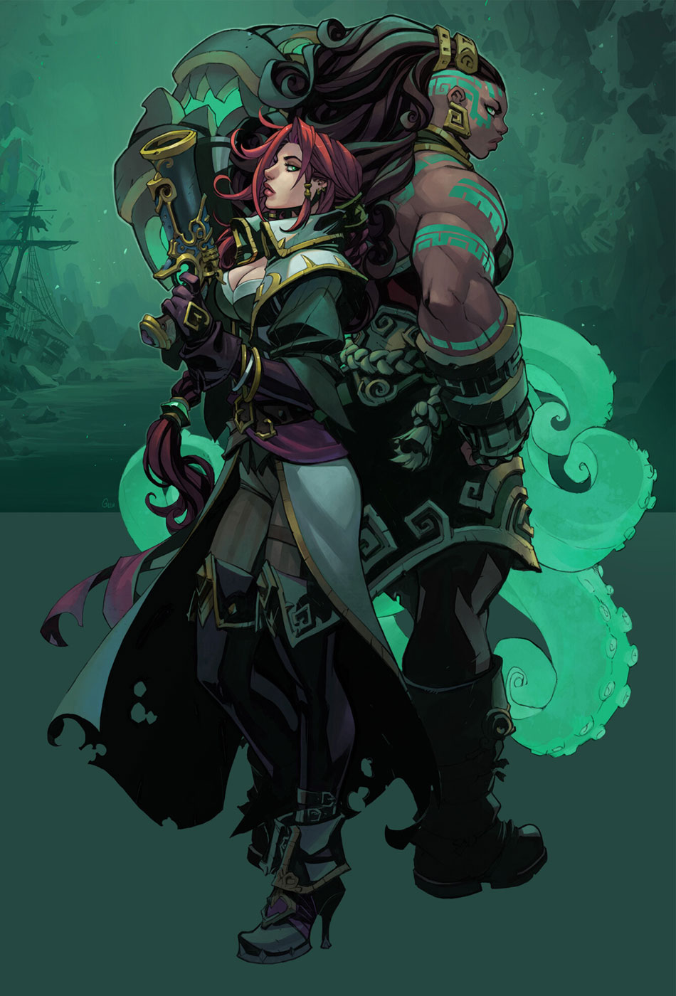 a digital illustration of miss fortune and nautilus from league of legends. miss fortune is a pirate captain with red hair and a dark cloak. she is holding a cannon and has a dagger strapped to her leg. nautilus is a giant, monstrous creature with a hook and a tentacle. the two characters are standing on a dark, mysterious background.