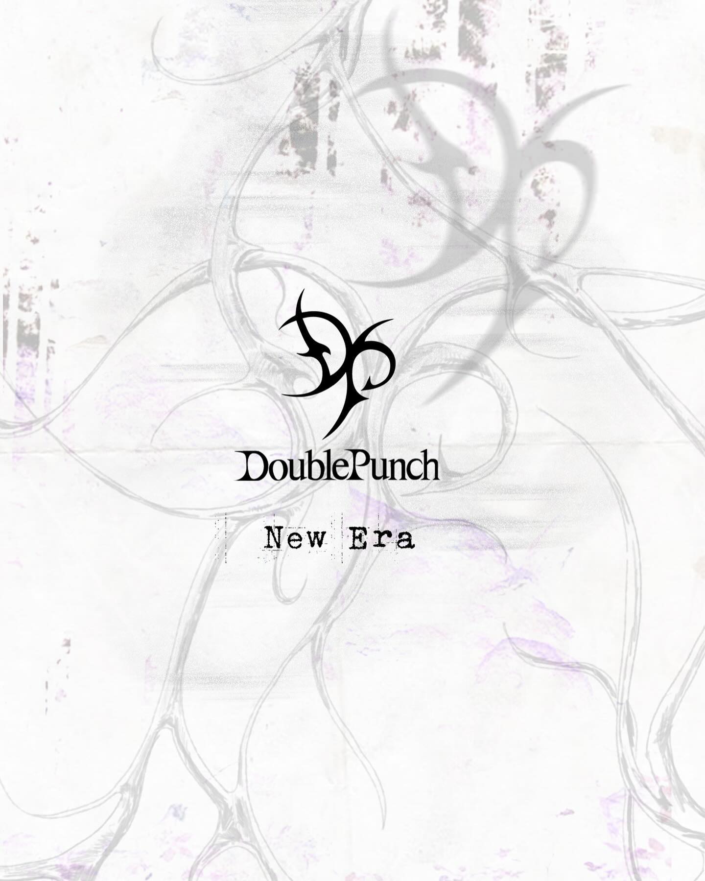 he image is an album cover for a band called doublepunch. the title "new era" is prominently displayed below the band's logo, which is a stylized graphic. the background is an abstract design featuring swirling grey and white lines with hints of purple, creating a grunge aesthetic.  the overall style is minimalist and focuses on the band's name and logo.