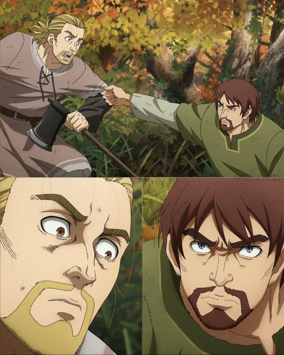 the image shows two men engaged in a heated confrontation within an autumnal forest. the top panel depicts them in midstruggle, with the man on the left wielding an axe. the bottom panel offers a closeup of their faces, both locked in expressions of fierce determination and anger. the overall atmosphere is one of tension and impending violence.