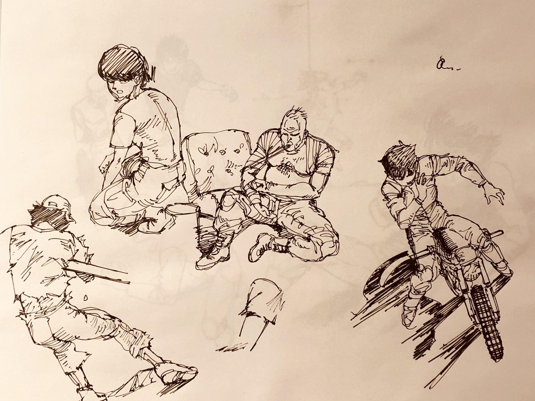 the image is a sepiatoned sketch of five men in various dynamic poses. one man is riding a motorcycle, while another sits on the ground, seemingly sketching or writing on a pad. the remaining men are depicted in poses suggesting movement and action. the style of the sketch is loose and energetic, with a focus on capturing motion and gesture.