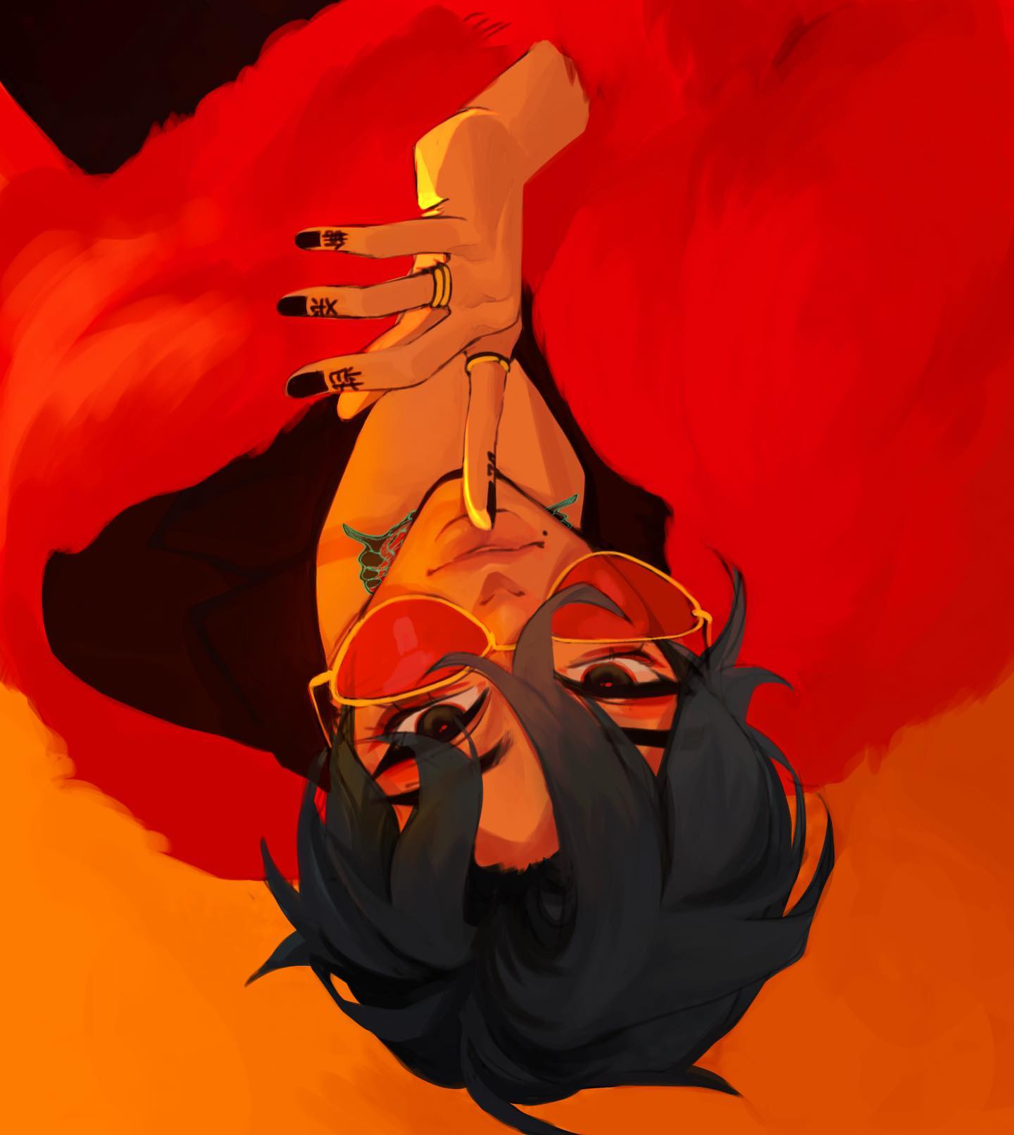 the image is a digital painting or illustration of a stylized male character. he appears to be lying on his back, looking directly up at the viewer.  the character has dark hair, is wearing red clothing, orangetinted sunglasses, and several pieces of gold jewelry, including rings. he also has small tattoos on his fingers. the style is expressive and dramatic, with strong use of warm orange and red tones, and a focus on the character's intense gaze. the background is a simple, blurred orange.  the overall mood is confident and slightly rebellious.