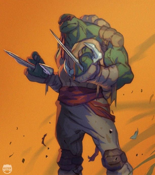 a drawing of a ninja turtle in fighting stance, holding sais in each hand. the turtle is wearing a red bandana and is green in color. the background is a goldenorange color. the image is drawn in a comic book style.
