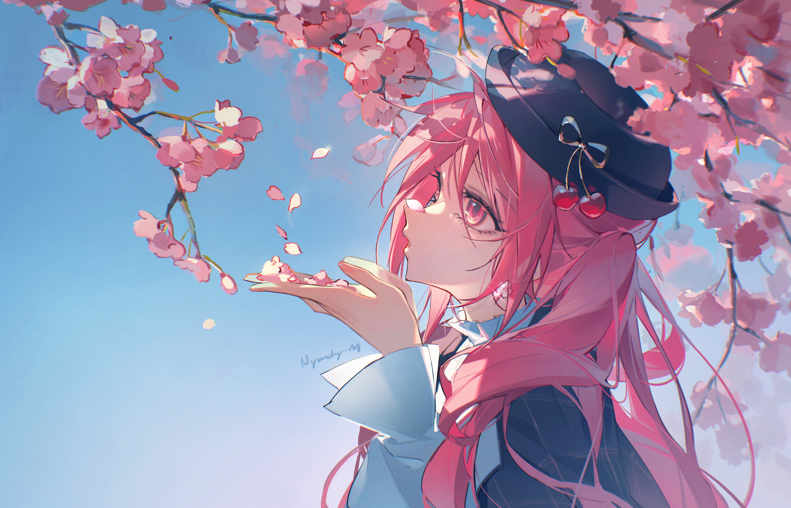 he image is a digital painting of a cute anime girl with long, bright pink hair. she is wearing a darkcolored hat adorned with a bow and cherries. she is gently blowing cherry blossom petals from her hand. the background features a beautiful, blooming cherry blossom tree against a clear blue sky. the overall style is soft, romantic, and delicate.  the art has a dreamy quality.