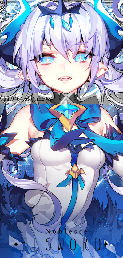 this is a digital art illustration of an anime girl character from the game elsword. the girl is a noble and is wearing a white dress with a blue bow. her hair is white and her eyes are blue. she is looking at the viewer with a cute and pretty expression. the background of the illustration is blue and white.