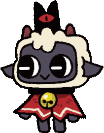 a cartoon drawing of a black sheep wearing a red cape with a golden skull bell. the sheep has horns and a third eye on its forehead. the sheep's facial expression is cute and innocent.