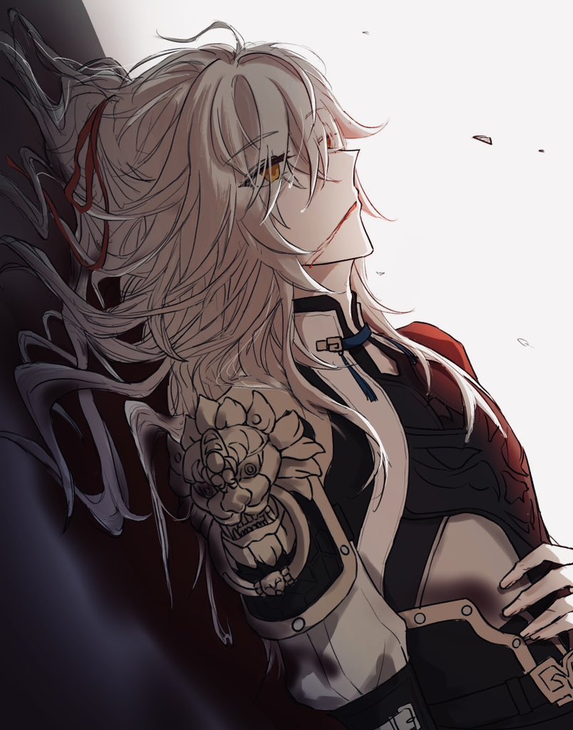 an anime character with white hair and red eyes is looking up and to the right. the character has a scar on their face and is wearing a black and red outfit with a darkcolored armor on their arm. the character is partially covered in shadows with a white background.
