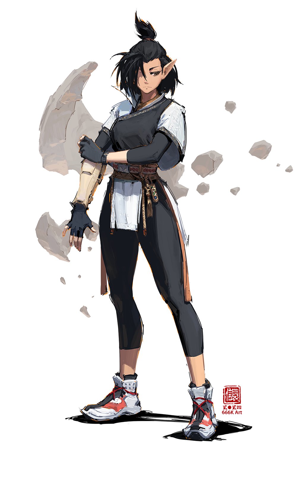 the image showcases a digital painting of a female elf character. she possesses dark hair styled in a high ponytail and pointed ears, characteristic of an elf. her attire is a blend of casual and martial arts clothing; a black and white top, black pants, and brown belt accentuate her athletic build. her footwear consists of sporty, hightop sneakers with red accents. she's depicted in a stance suggesting readiness for combat, her hands partially wrapped in darkcolored gloves, possibly for protection or enhanced grip.  the background features subtle rock fragments or debris surrounding her, hinting at a scene of movement or a recent struggle.  the style is reminiscent of anime or manga, with a focus on dynamic posing and character details. a stamp in the bottom right corner indicates the artist's signature, "666k art". the overall ambiance is one of action and fantasy.