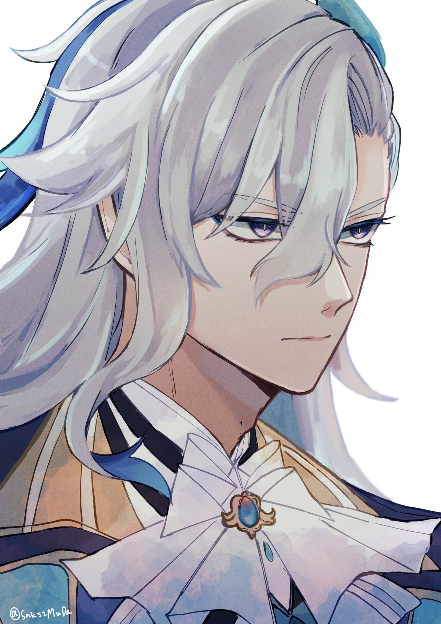 a digital drawing of albedo from genshin impact, a male anime character with white hair, blue eyes, and a blue and white bow tie. he is wearing a gold and blue outfit and has a serious expression on his face. the art style is realistic and detailed, with a focus on the character's features and clothing.