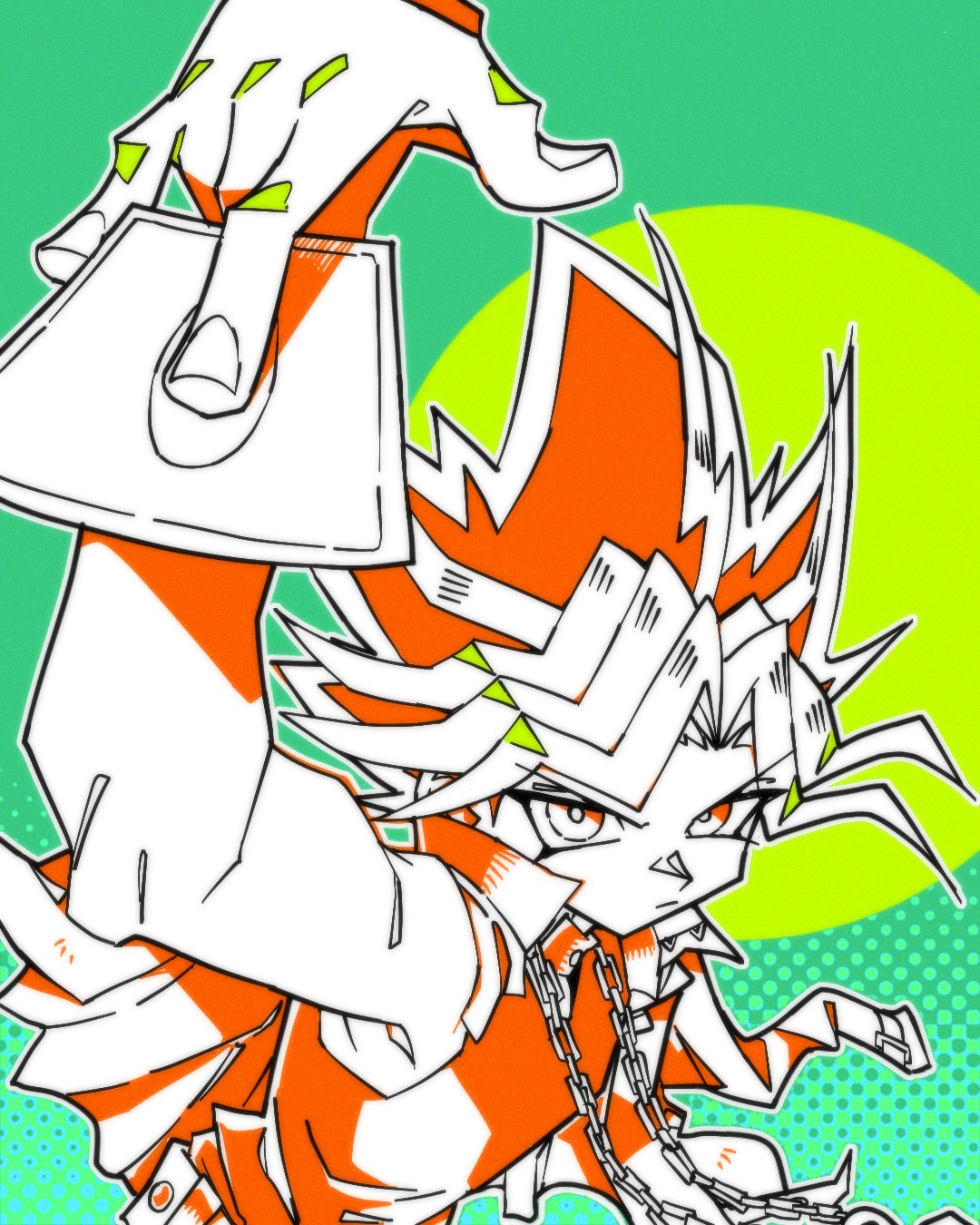 a stylized, chibilike illustration of yugi muto from yugioh!, depicted in a dynamic pose with a card in his hand.  the artwork is bold and graphic, using bright orange, green, and white colors with strong outlines. the character's expression is serious and determined, contrasting with the playful chibi style. the background features a vibrant green and yellow color scheme with a polkadot pattern. the overall style is reminiscent of pop art and manga.