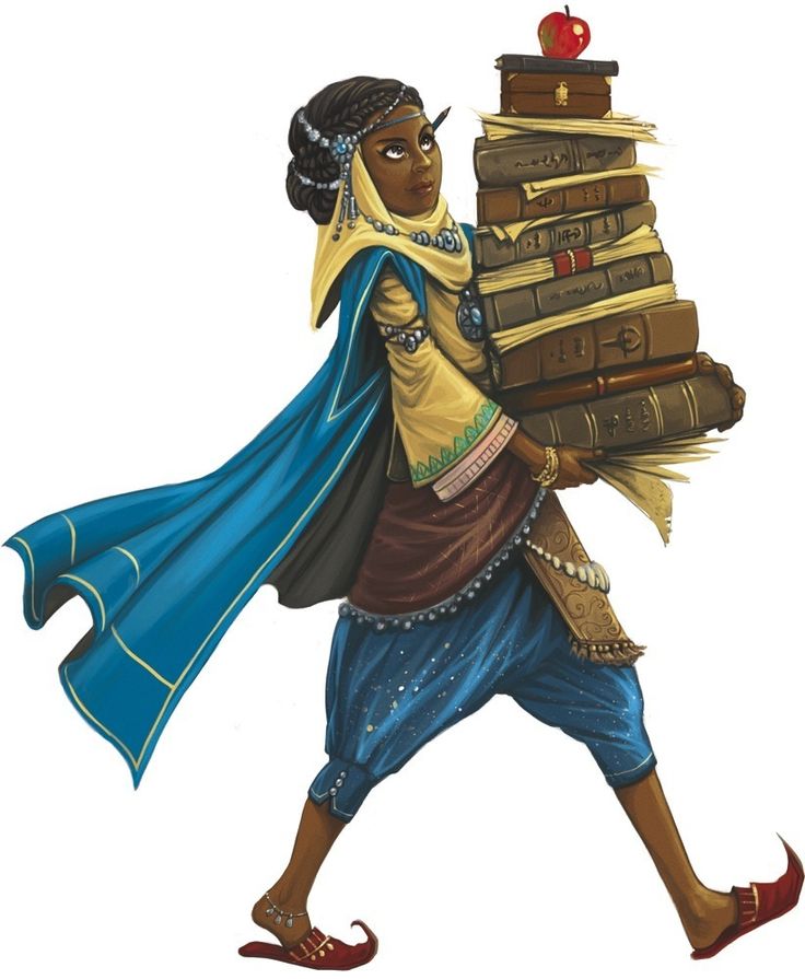 the illustration depicts a darkskinned woman, possibly of middle eastern or african descent,  dressed in richly colored fantasy attire. she is wearing a long blue cloak, an ornate gold and brown top, and blue pants. her clothing features intricate details and jewelry. her head is adorned with a braided hairstyle and a headpiece.  she is carrying a very large stack of books on her arm, topped with a small wooden box and a red apple.  her expression is serious and focused as she walks with a determined stride, suggesting she's on a mission or important task. the artistic style is reminiscent of fantasy illustrations found in storybooks or roleplaying games. the background is plain white, making the woman and her bookladen arms the central focus.