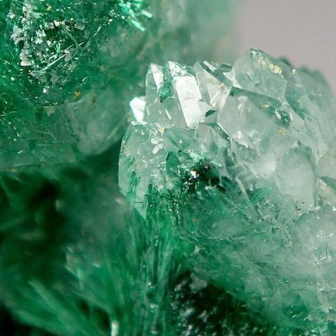 a closeup shot of a green quartz crystal. the crystal is very clear and glassy, with a slight green tint. the light reflects off the surface of the crystal, creating a dazzling effect. the background is blurry, and the focus is on the crystal itself.