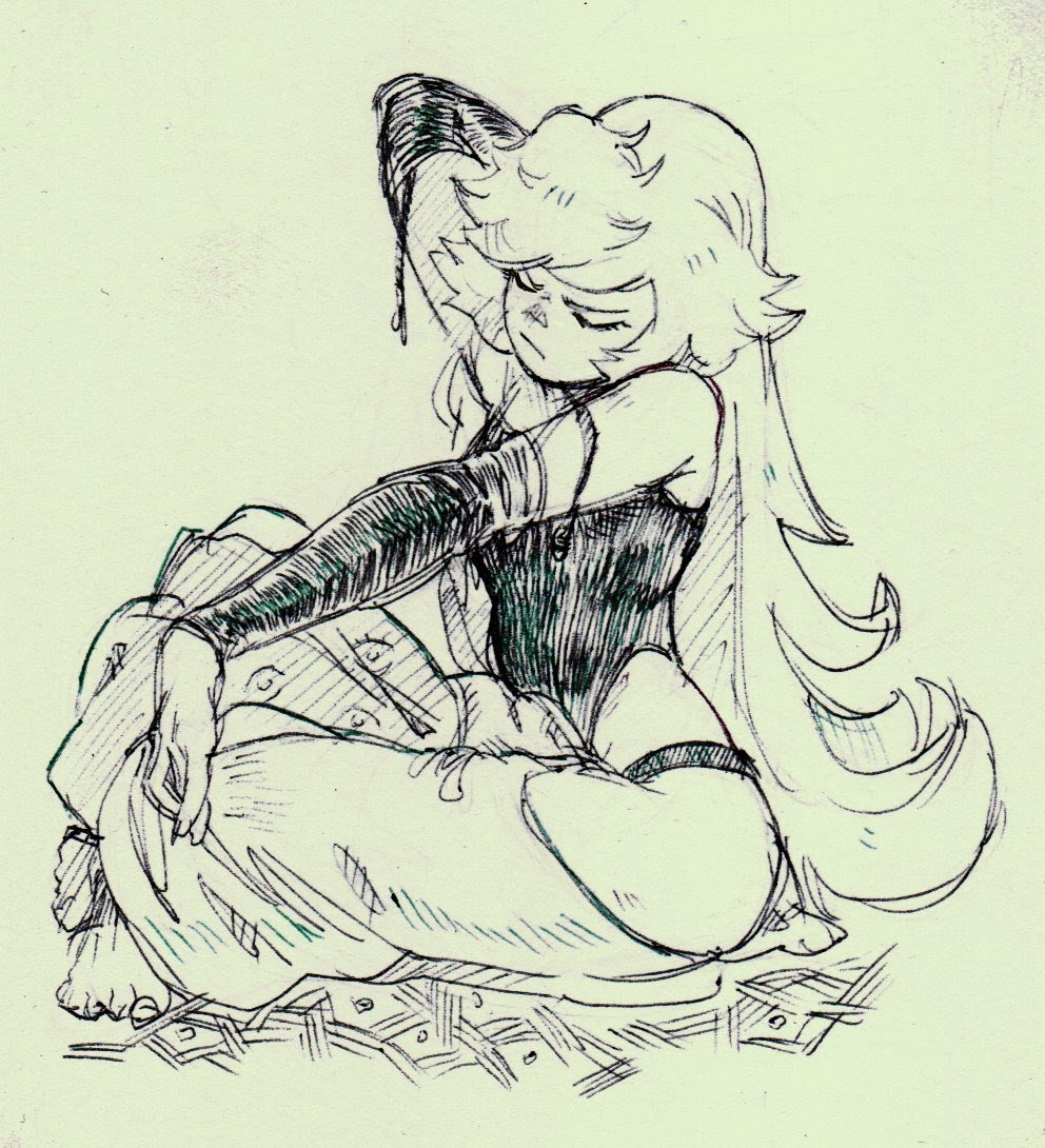 a handdrawn sketch of a woman with long, flowing hair, sitting on a pile of money, wearing a black outfit.