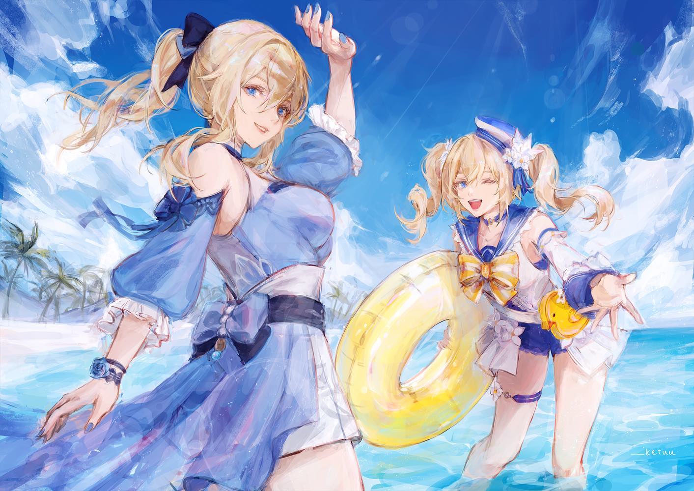the artwork depicts two animestyle girls enjoying a day at the beach.  one girl has blonde hair in a high ponytail and is wearing a light blue, flowy dress with ribbons. she's playfully holding up her hand, seemingly in greeting.  the other girl, also blonde, is styled with pigtails and a sailorthemed swimsuit. she's holding a yellow inflatable ring and appears to be happily wading in the shallows. both are expressively drawn, with soft, pastel colors dominating the artwork. the background features a sunny sky, ocean waves, and palm trees, enhancing the summer beach setting. the overall style is light and airy, reflecting a cheerful and idyllic atmosphere. the artist's signature, "_ketuu_", is visible in the bottom right corner.