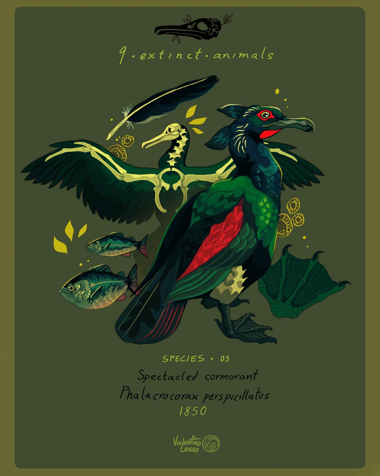 the image is a stylized digital painting or illustration depicting a spectacled cormorant (phalacrocorax perspicillatus), an extinct bird. the artwork showcases the bird in vibrant green, red, and black plumage, set against a dark olive green background.  a partially visible skeletal cormorant is superimposed, creating a sense of both life and death. two small fish are also featured, suggesting the bird's diet.  the year 1850 is included, likely indicating the year the species went extinct.  the artist's signature "valentino lasso" is present at the bottom. the overall style is reminiscent of vintage natural history illustrations, but with a modern, slightly whimsical touch.  the text "9. extinct. animals" indicates this is part of a series.