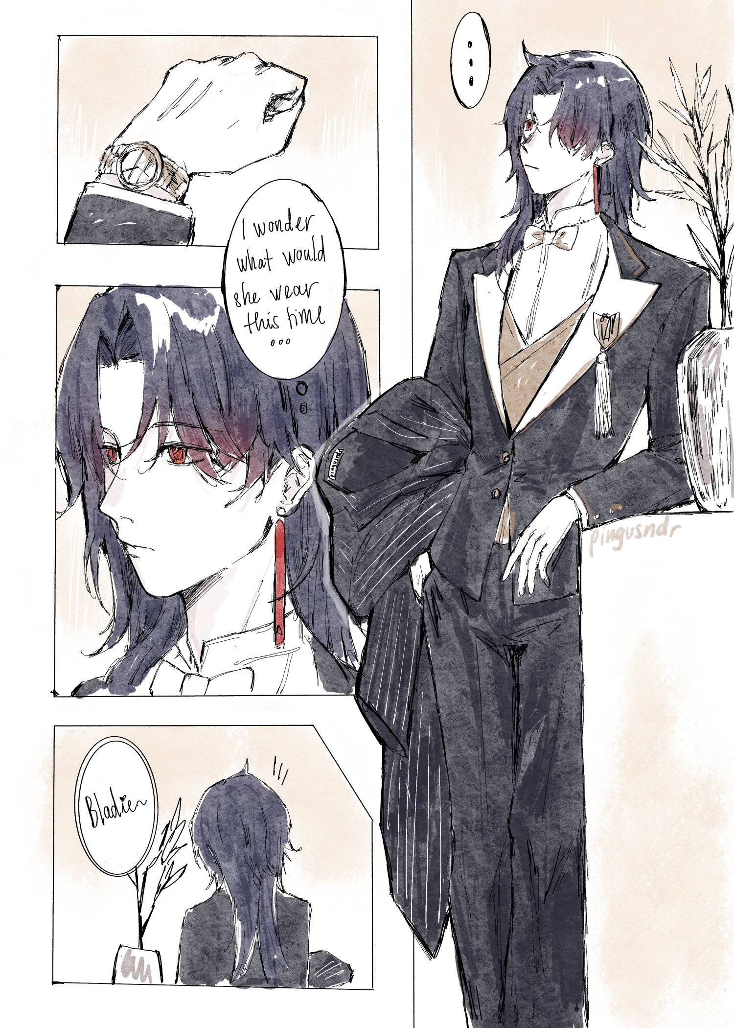 this is a manga style illustration of a male anime character. he is wearing a black tuxedo suit, and has long black hair and red eyes. he is looking to the side, with a curious expression. he has a watch on his wrist, and there are words above him that say "i wonder what would she wear this time". the illustration appears to be from a story where the character is waiting for someone, or thinking about someone.