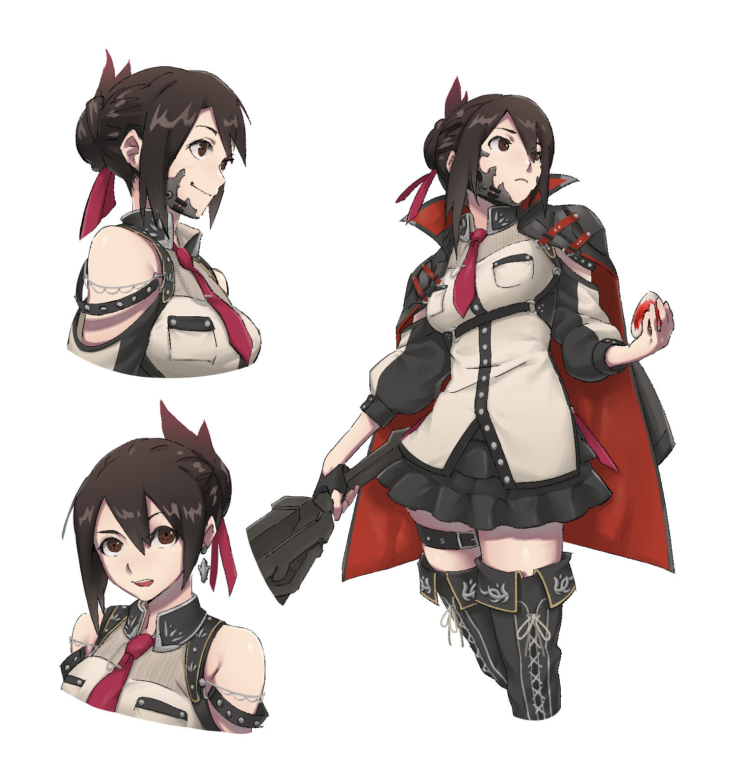 the image showcases the character design of a female anime character in different poses. she has dark brown hair with red ribbons styled in a bun, red eyes, and wears a black, white, and red combat outfit complete with a cape, boots, and arm guards. she holds a futuristiclooking weapon in one hand and what appears to be a red orb in the other. the background is plain white, focusing all attention on the character.