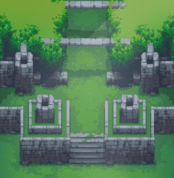 this pixel art image shows an overhead view of an old stone structure, possibly a temple or the ruins of a castle, surrounded by vibrant green grass.  two staircases lead up to a central platform, flanked by small square towers. lush green bushes add a touch of life to the scene, while the bright sunlight suggests a peaceful and serene atmosphere.