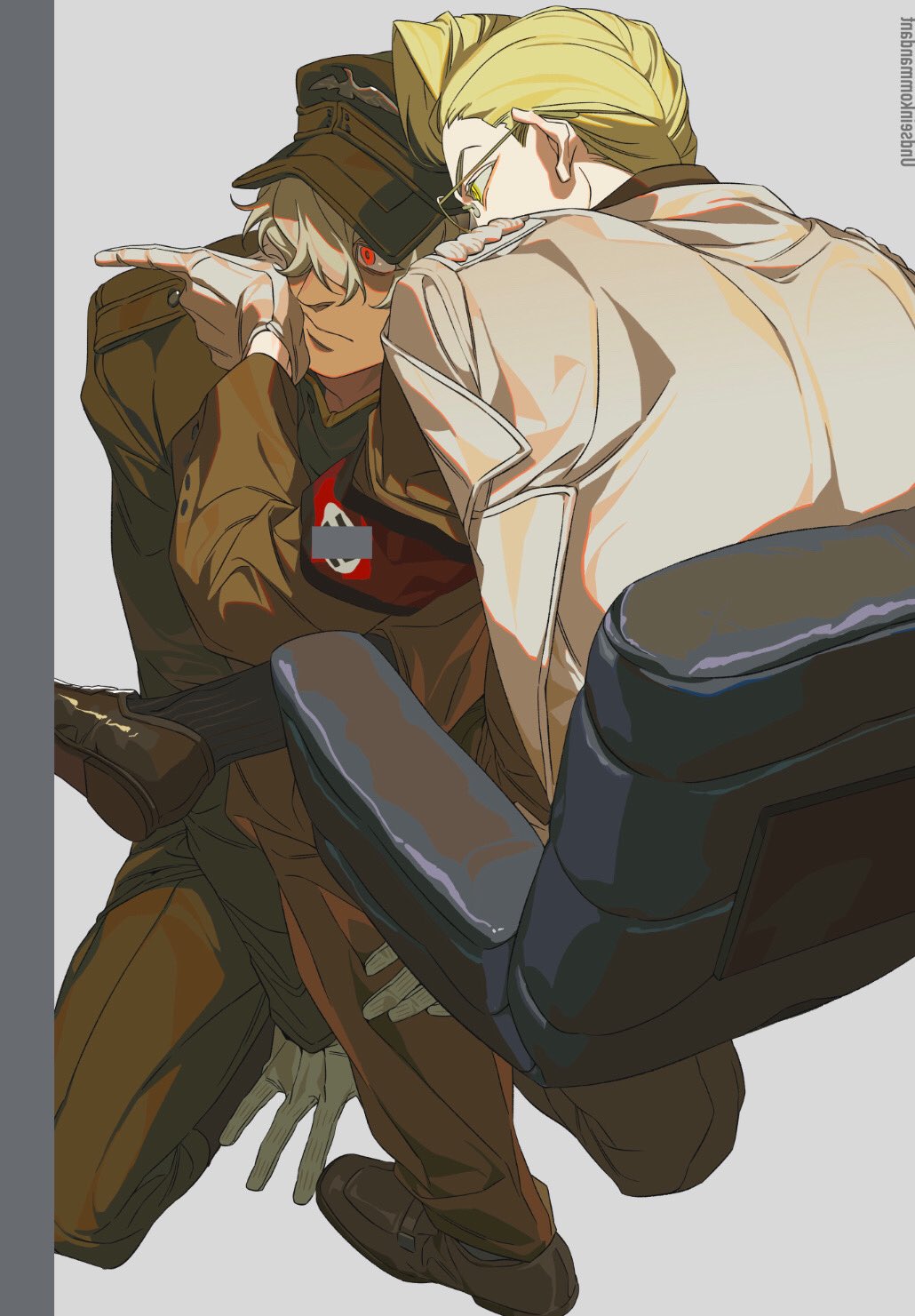 the image shows an animestyle illustration of two men. one man is wearing a military uniform with a hat and is seated, pointing with his right hand. his eyes are red. the other man has blonde hair and is wearing glasses and a white jacket. he is standing behind the seated man, leaning in towards him. the pair are close together, and are sitting on what appears to be a black chair.